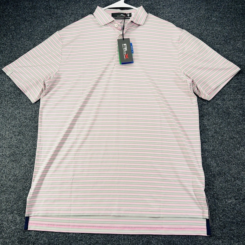 Ralph Lauren RLX Mens Medium Pink Green Stripe Golf Polo Shirt Wicking NWT